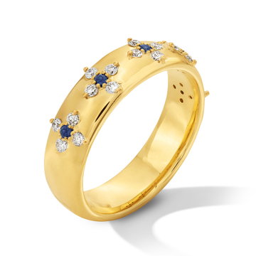 Blue Sapphire Flower Diamond Band In Solid 14K Yellow Gold