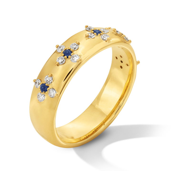 Blue Sapphire Flower Diamond Band In Solid 14K Yellow Gold