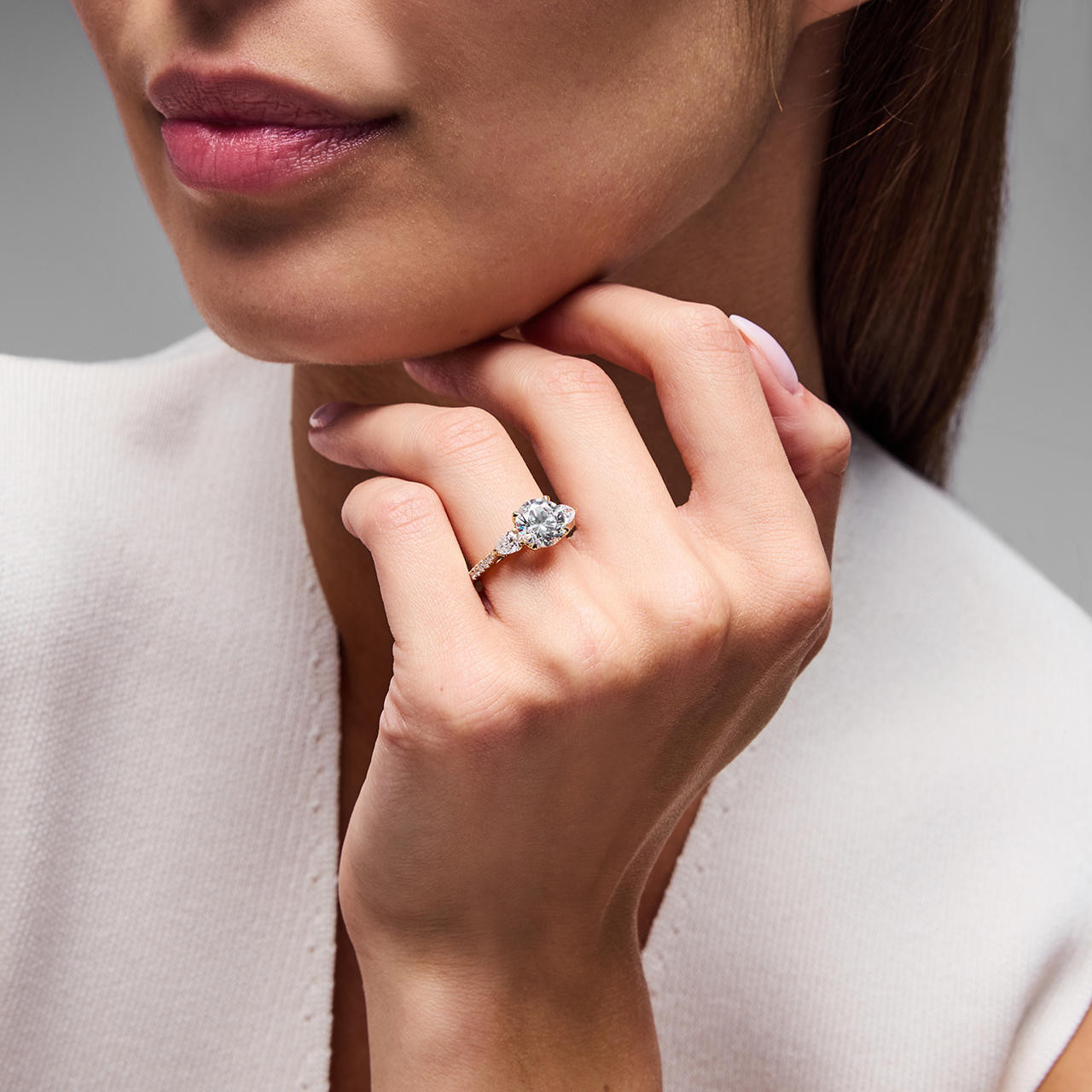 Tulip Prong Three Stone Pear Side Diamond Engagement Setting by Adorette 2
