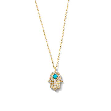 Hamsa Turquoise Diamond Pendant Necklace In Solid 18K Yellow Gold