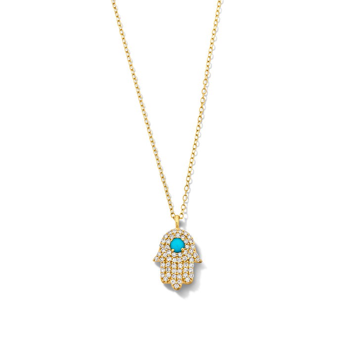 Hamsa Turquoise Diamond Pendant Necklace In Solid 18K Yellow Gold