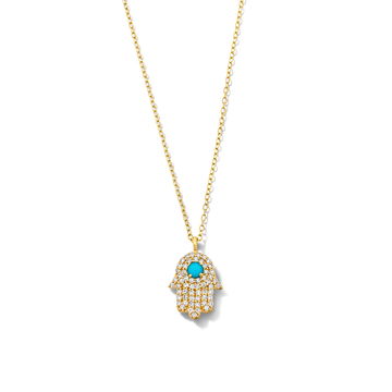 Hamsa Turquoise Diamond Pendant Necklace In Yellow Gold 18K