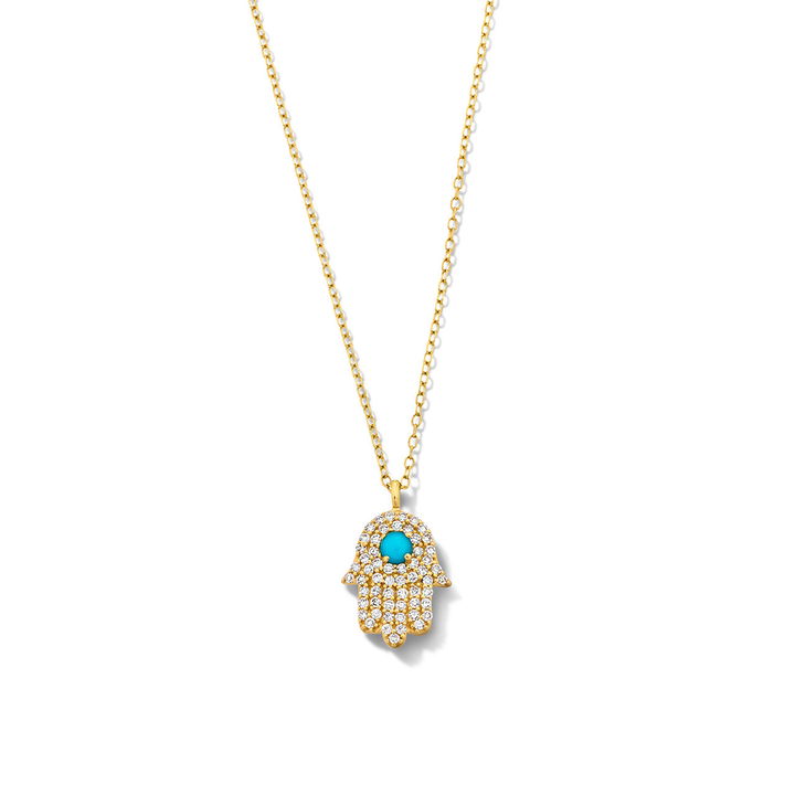 Hamsa Turquoise Diamond Pendant Necklace In Yellow Gold 18K
