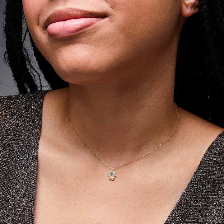 Hamsa Turquoise Diamond Pendant Necklace In Solid 18K Yellow Gold
