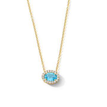 Blue Topaz Diamond Halo Necklace In Yellow Gold 14K