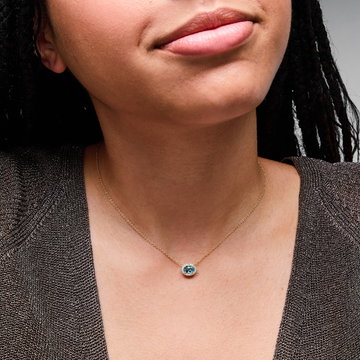 Blue Topaz Diamond Halo Necklace In Yellow Gold 14K