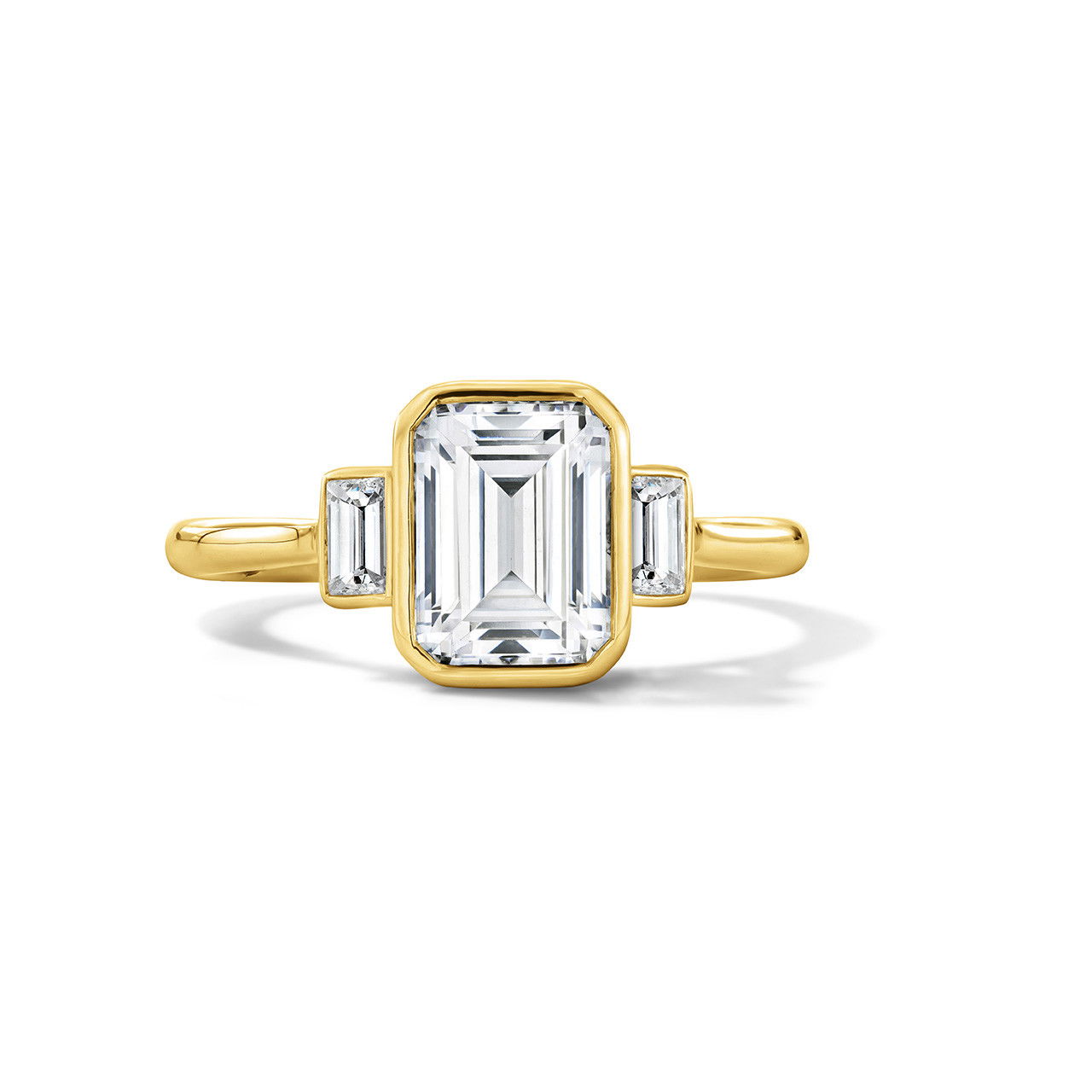 Three Stone Bezel Emerald Cut Side Diamond Engagement Setting