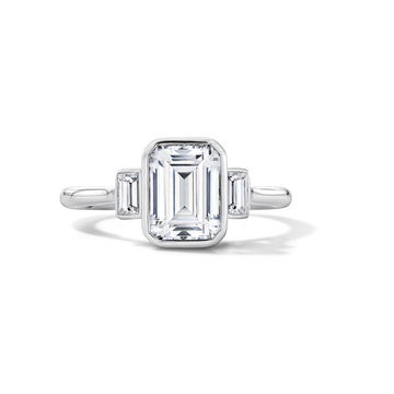 Three Stone Bezel Emerald Cut Side Diamond Engagement Setting In White Gold 14K