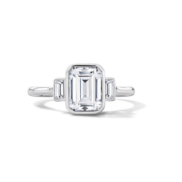 Three Stone Bezel Emerald Cut Side Diamond Engagement Setting In White Gold 14K