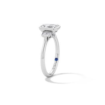 Three Stone Bezel Emerald Cut Side Diamond Engagement Setting In White Gold 14K