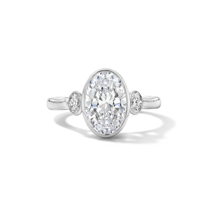 Three Stone Bezel Oval Cut Side Diamond Engagement Setting In White Gold 14K