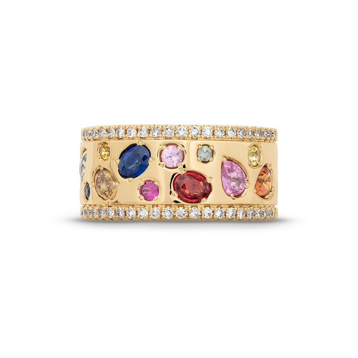 Mixed Sapphire Diamond Band In Solid 14K Yellow Gold