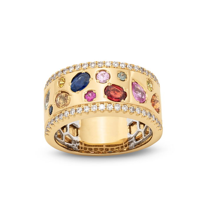 Mixed Sapphire Diamond Band In Yellow Gold 14K
