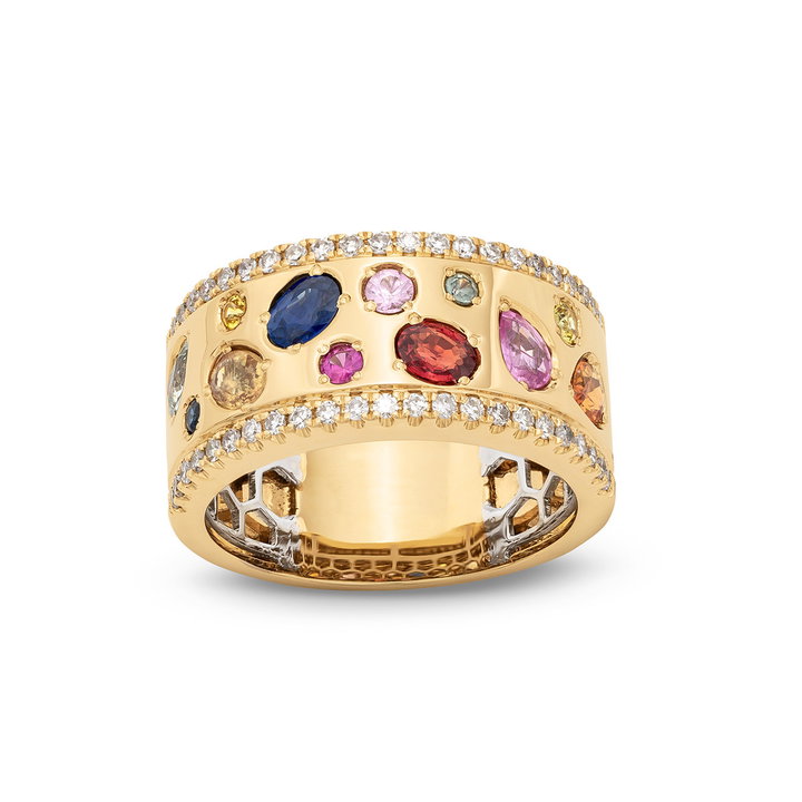 Mixed Sapphire Diamond Band In Solid 14K Yellow Gold