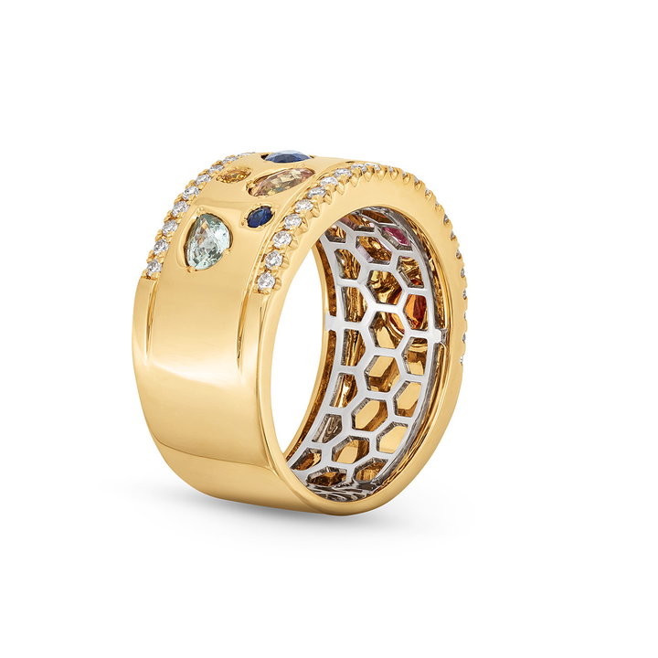 Mixed Sapphire Diamond Band In Solid 14K Yellow Gold