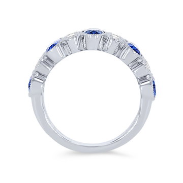 Blue Sapphire and Diamond Milgrain Bezel Band In White Gold 14K