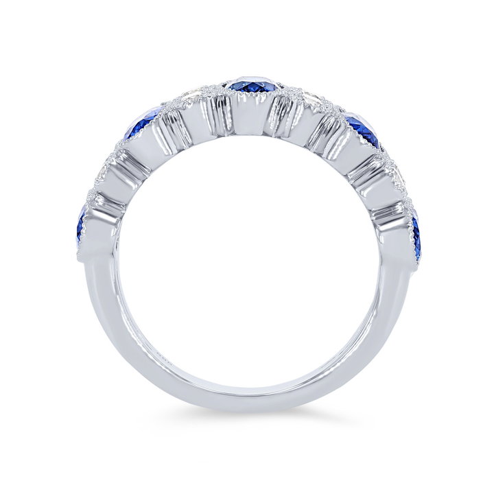 Blue Sapphire and Diamond Milgrain Bezel Band In White Gold 14K
