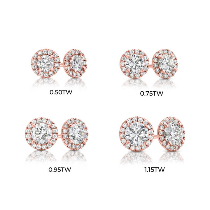 Rose Gold Halo Round Diamond Stud Earrings In Rose Gold 14K