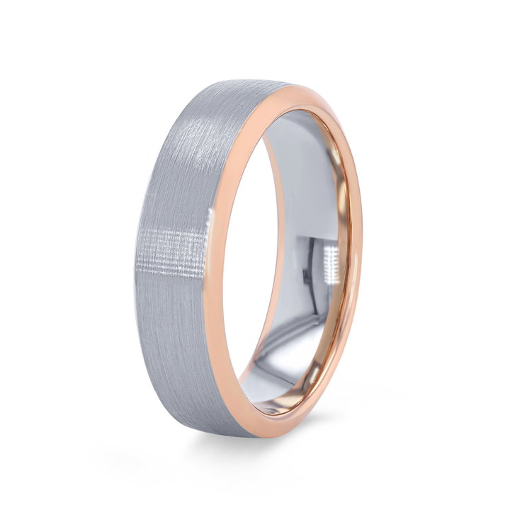 Two-Tone Matte Brushed Bevel Edge Wedding Band In Solid 14K Rose Gold/white Gold