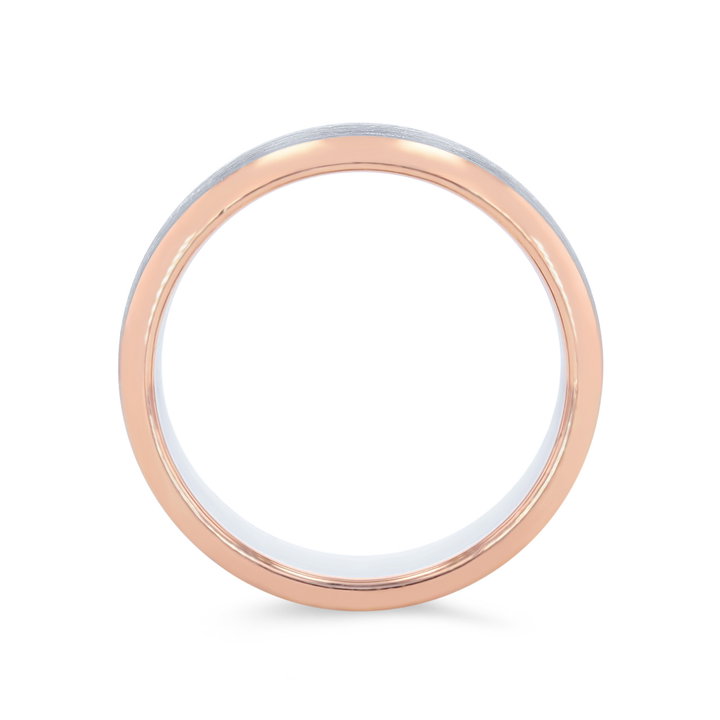 Two-Tone Matte Brushed Bevel Edge Wedding Band In Solid 14K Rose Gold/white Gold