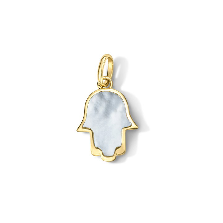 Mother of Pearl Hamsa Charm In Solid 14K Yellow Gold