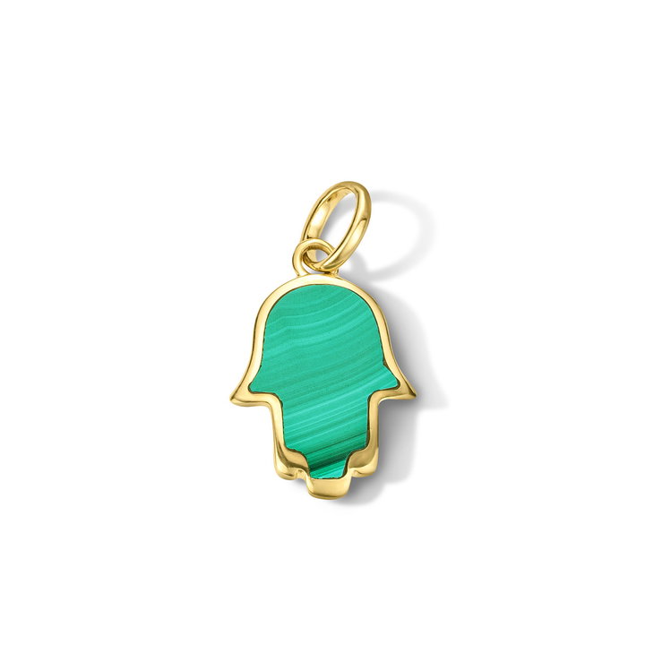 Malachite Hamsa Charm In Solid 14K Yellow Gold