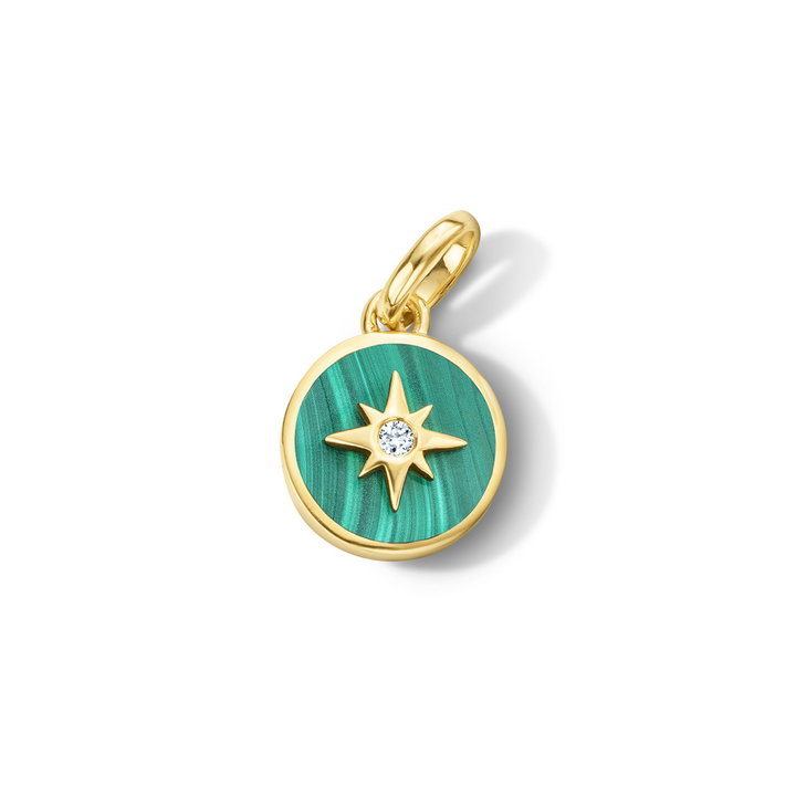 Malachite Diamond Small Starburst Charm In Solid 14K Yellow Gold