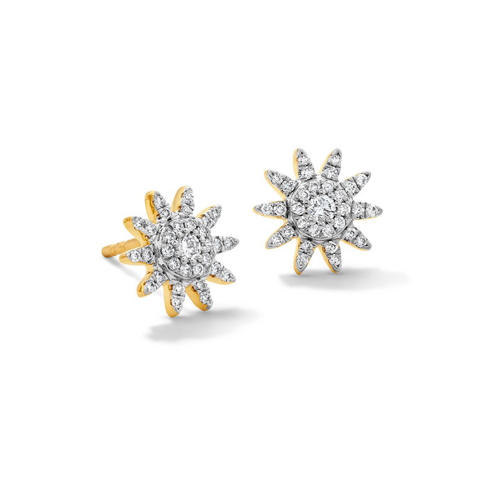 Diamond Sunburst Stud Earrings In White And Yellow Gold 14K