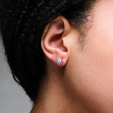 Diamond Sunburst Stud Earrings In White And Yellow Gold 14K