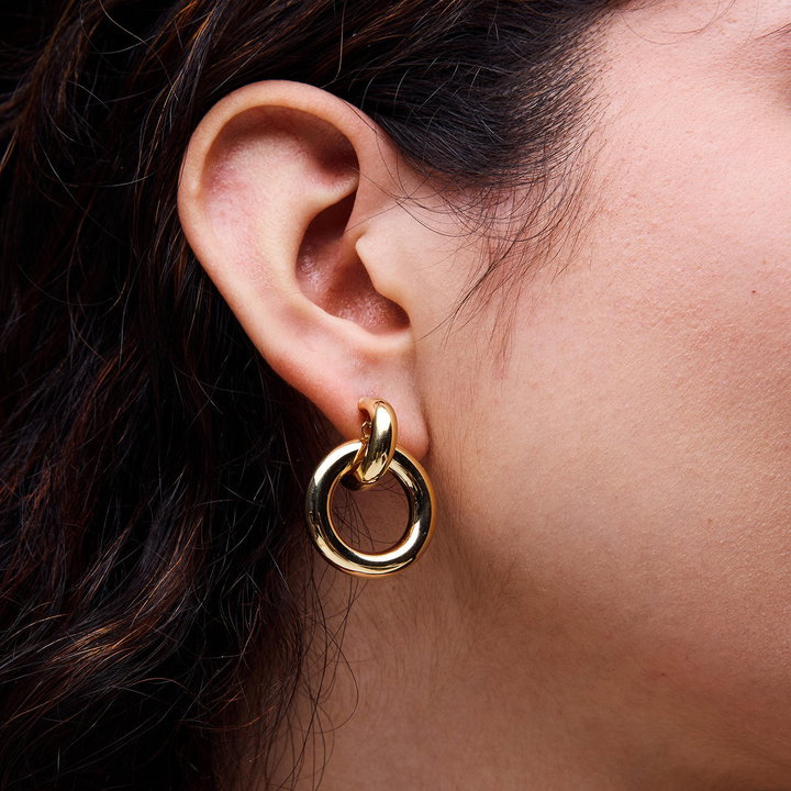 Double Hoop Hollow Dangle Earrings In Yellow Gold 14K