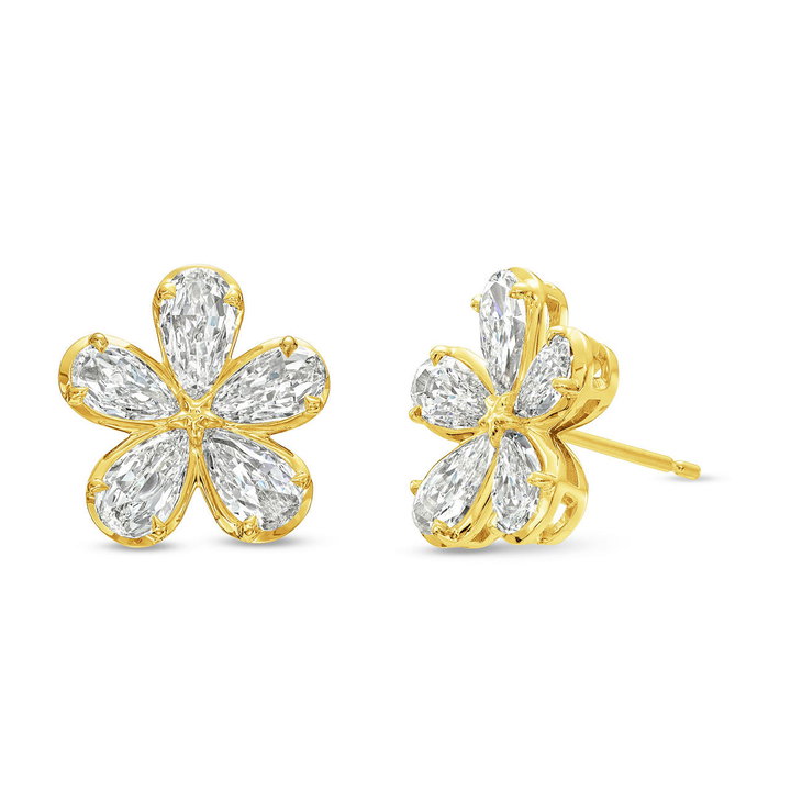Gold Diamond Flower Stud Earrings In Solid 18K Yellow Gold