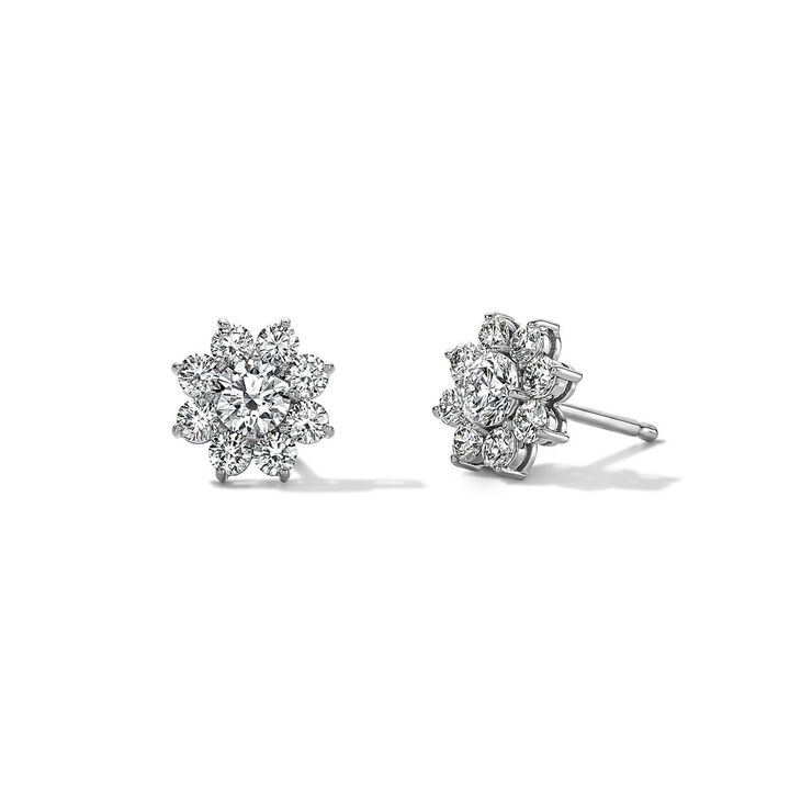 Diamond Cluster Flower Stud Earrings In White Gold 14K