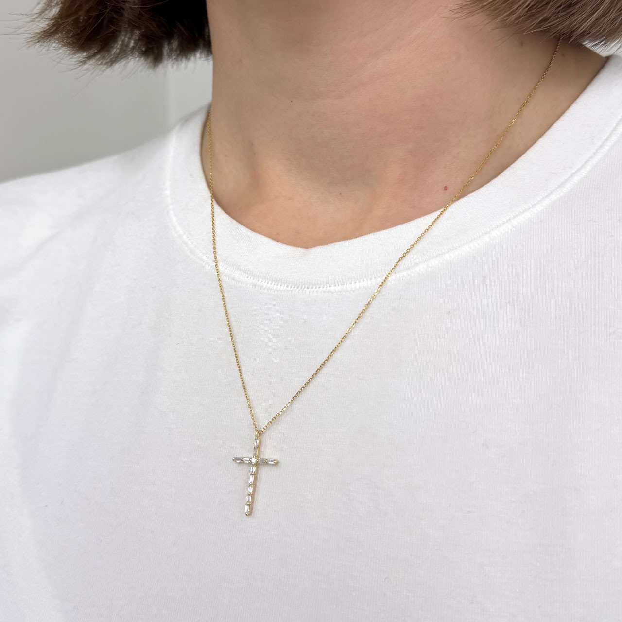 Yellow Gold Baguette Diamond Cross Pendant Necklace