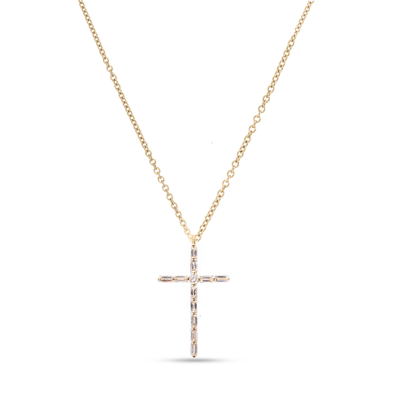 Yellow Gold Baguette Diamond Cross Pendant Necklace