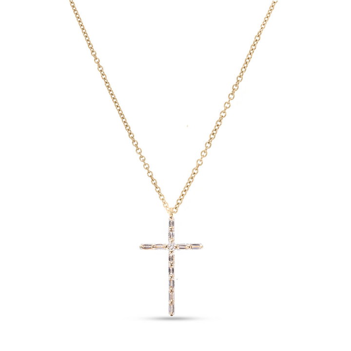 Yellow Gold Baguette Diamond Cross Pendant Necklace In Yellow Gold 14K
