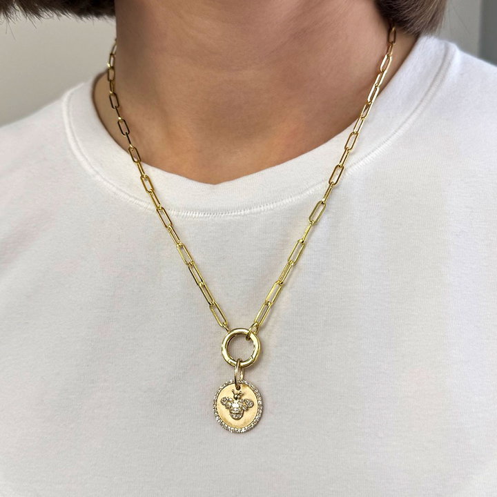 Bee Disk Paperclip Chain Pendant Necklace In Solid 14K Yellow Gold