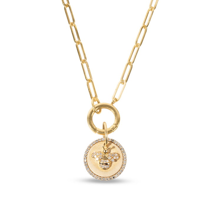 Bee Disk Paperclip Chain Pendant Necklace In Yellow Gold 14K