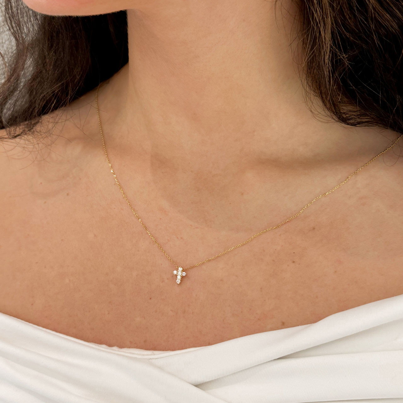 Yellow Gold Petite Diamond Cross Necklace