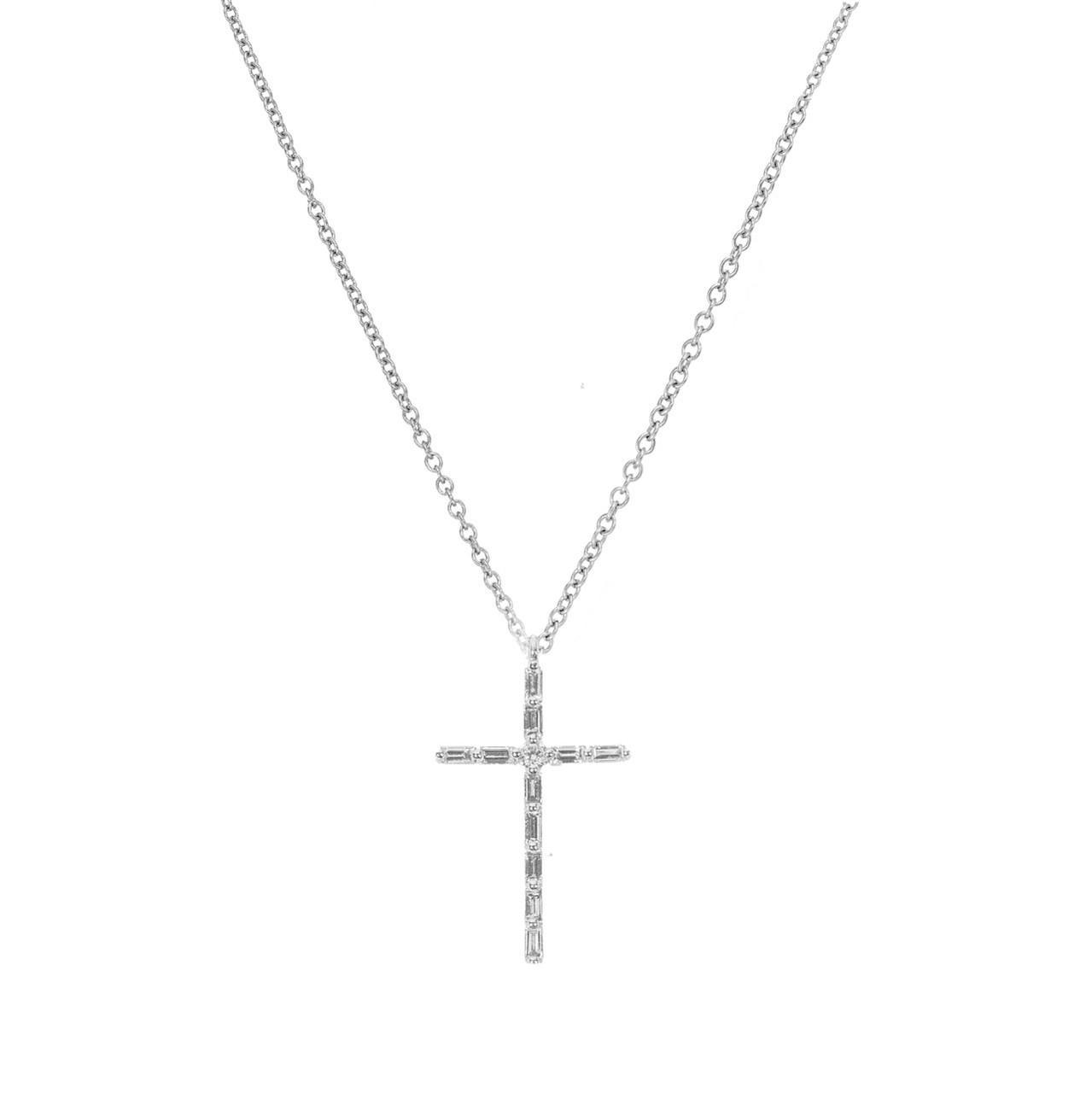 White Gold Baguette Diamond Cross Pendant Necklace 0