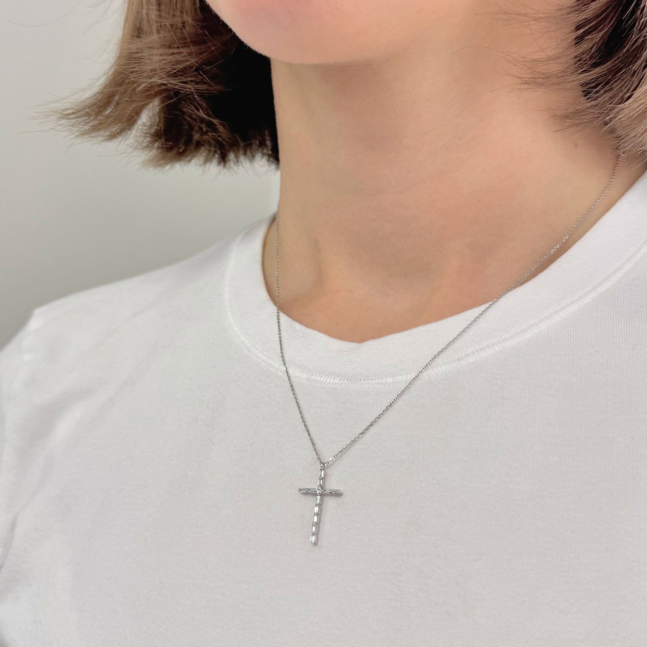 White Gold Baguette Diamond Cross Pendant Necklace