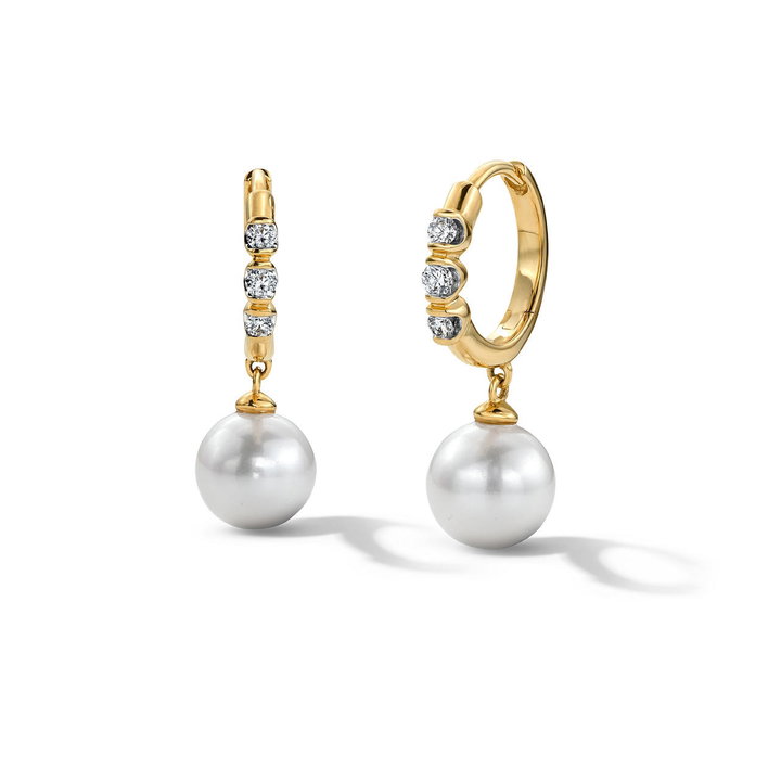 Pearl and Diamond Hoop Earrings In Solid 14K Yellow Gold