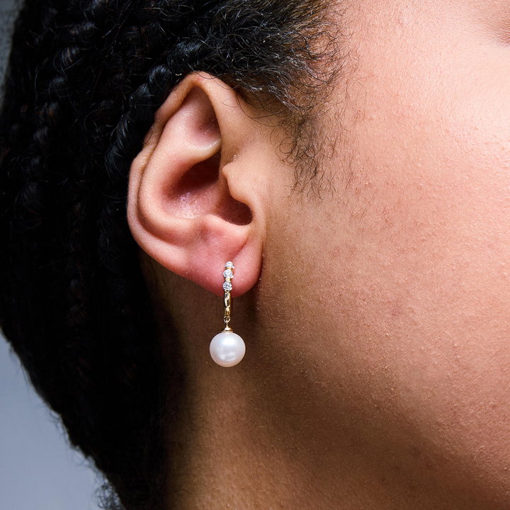 Pearl and Diamond Hoop Earrings In Solid 14K Yellow Gold