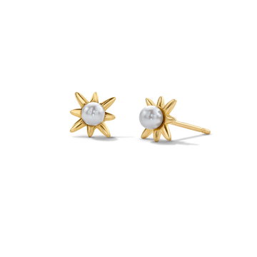 Pearl Sunburst Stud Earrings In Solid 14K Yellow Gold