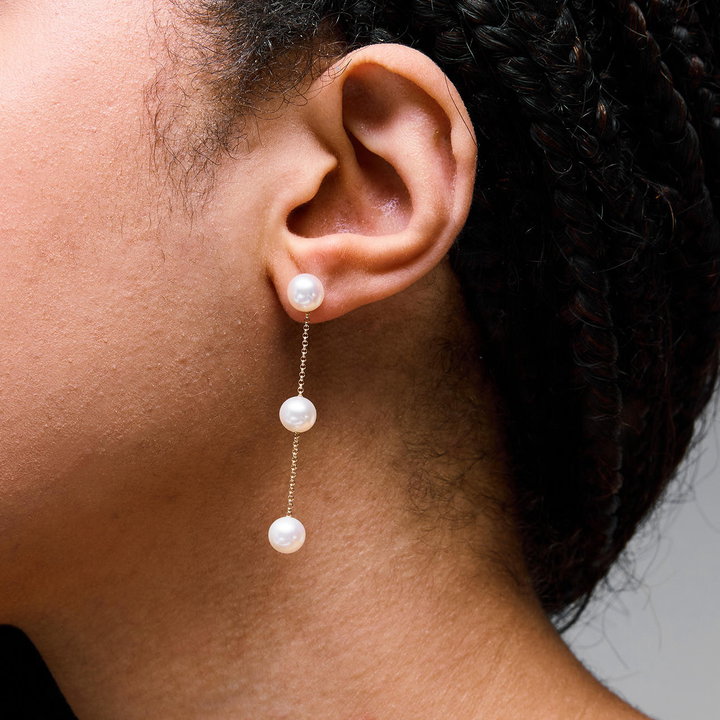 Triple Pearl Drop Chain Earrings In Yellow Gold 14K