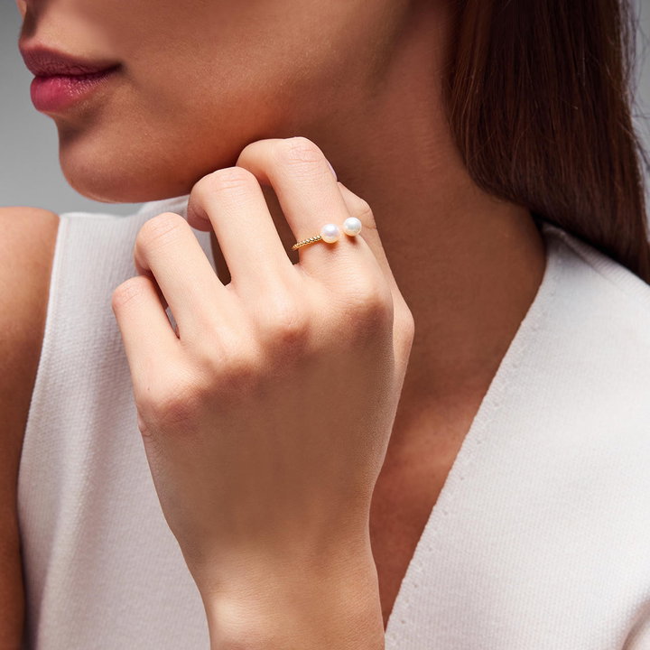 Double Pearl Open Gold Ring In Solid 14K Yellow Gold