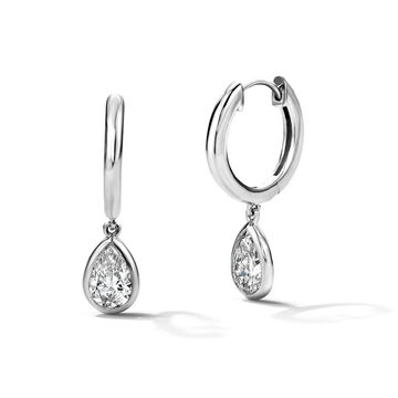 Bezel Lab Grown Pear Diamond Hoop Earrings In White Gold 14K