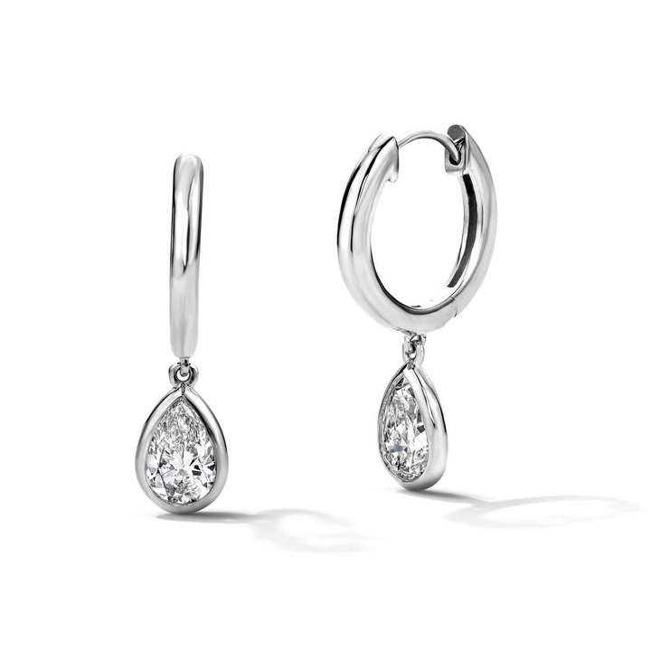Bezel Lab Grown Pear Diamond Hoop Earrings In White Gold 14K