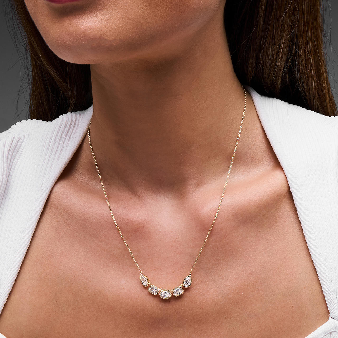 Bezel Lab Grown Mixed Shape Diamond Bar Necklace 1