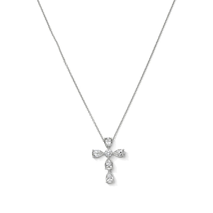 Lab Grown Pear & Round Diamond Cross Necklace In White Gold 14K