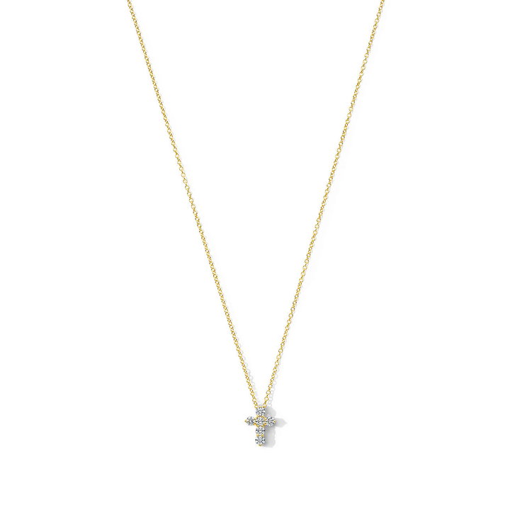 Round Diamond Small Cross Necklace In Yellow Gold 14K